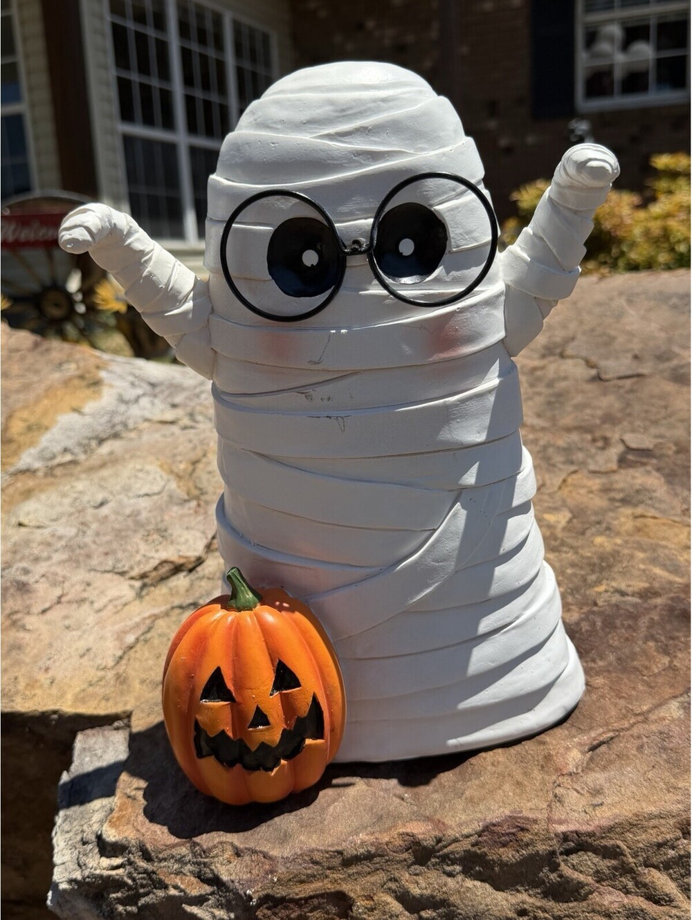 Halloween Ceramic Mummy Wrapped Ghost w/ Glasses & Jack-O-Lantern Figurine
